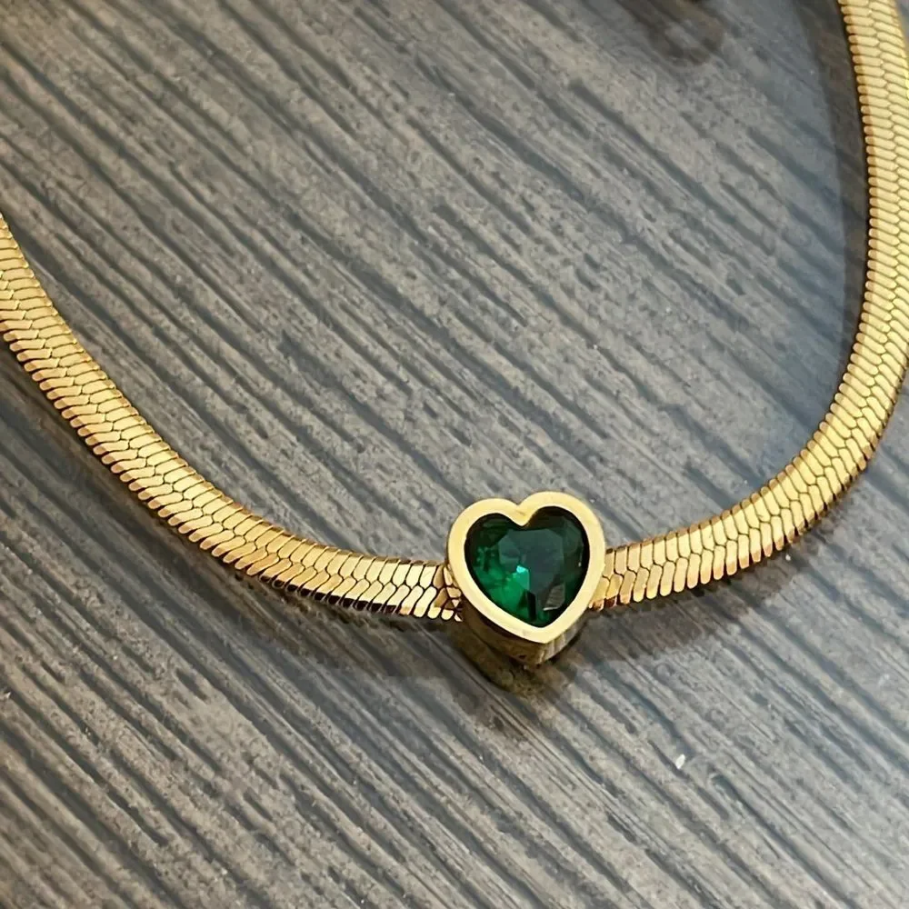 18K Gold Plated Stainless Steel Snake Chain Green Cubic Zirconia Heart Bracelet